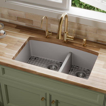 32-1/2" Undermount Double Offset Bowl Quartz Composite Kitchen Sink Kit In Grey