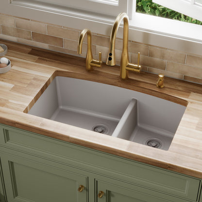 32-1/2" Undermount Double Offset Bowl Quartz Composite Kitchen Sink In Grey