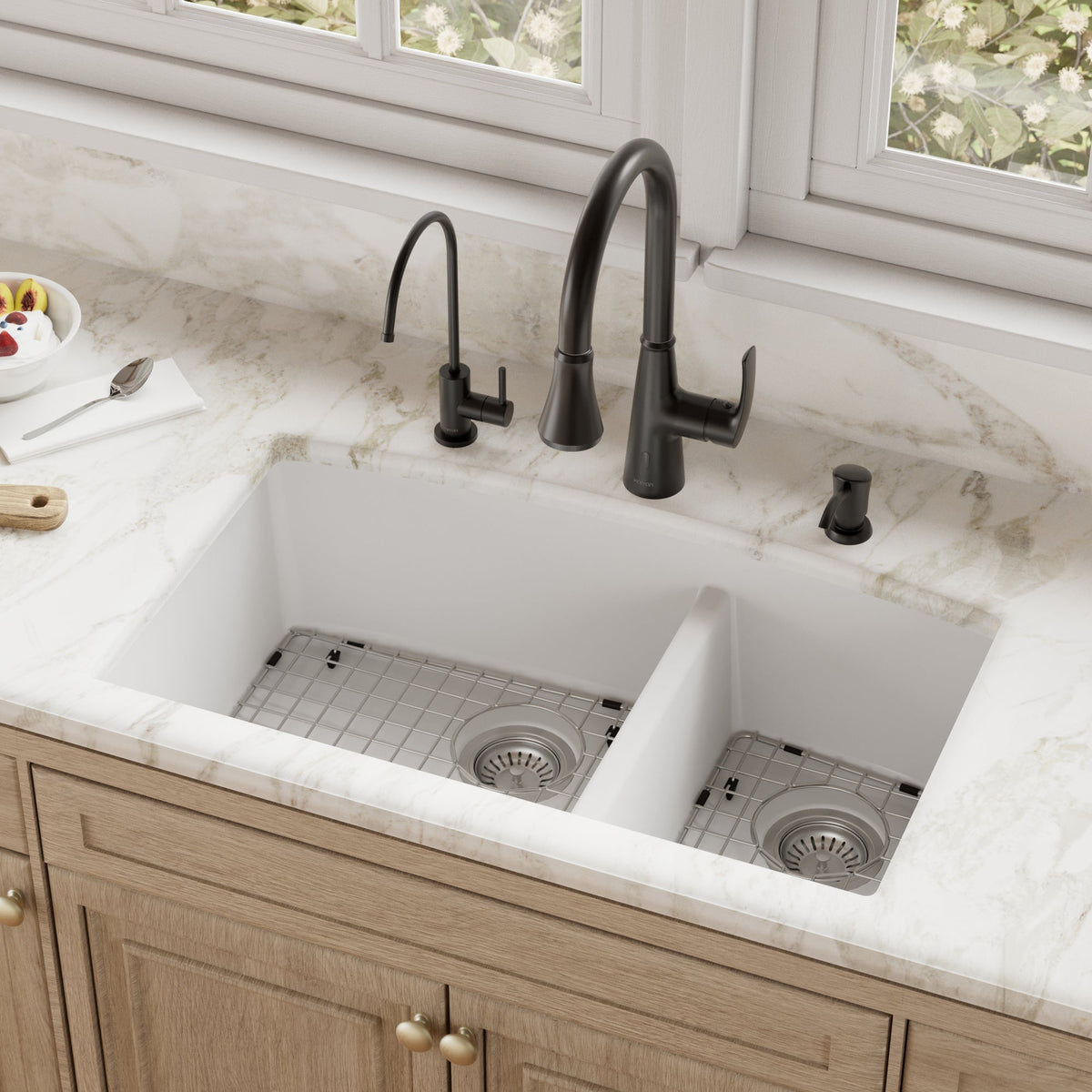 32-1/2" Undermount Double Offset Bowl Quartz Composite Kitchen Sink Kit In White