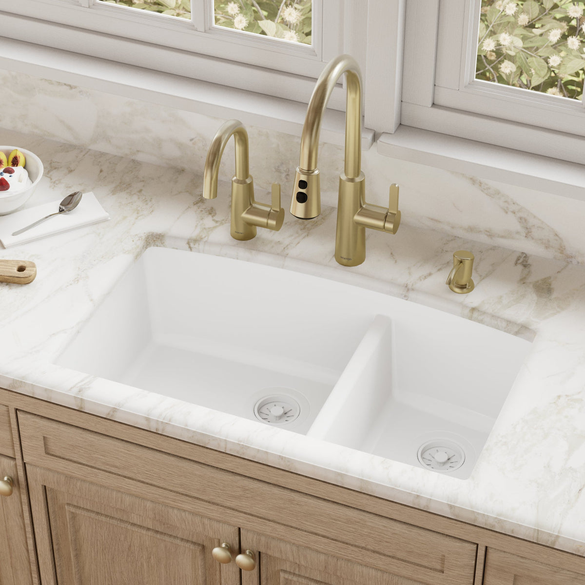 32-1/2" Undermount Double Offset Bowl Quartz Composite Kitchen Sink In White