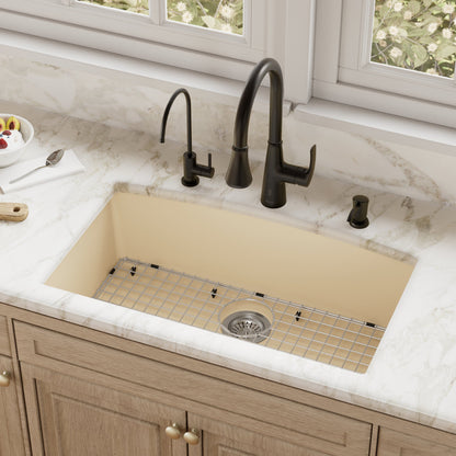 32-1/2" Undermount Large Single Bowl Quartz Composite Kitchen Sink Kit In Bisque