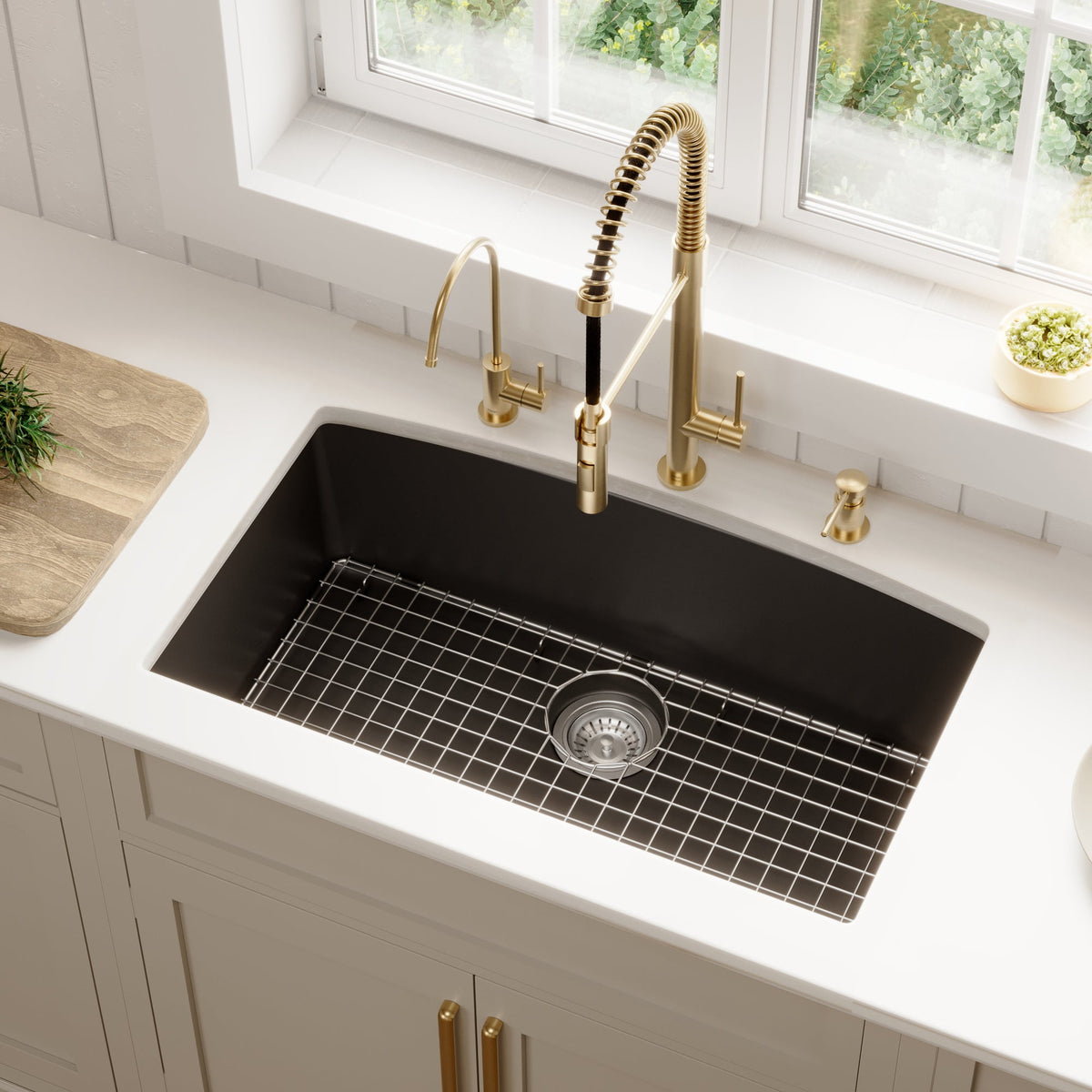 32-1/2" Undermount Large Single Bowl Quartz Composite Kitchen Sink Kit In Black