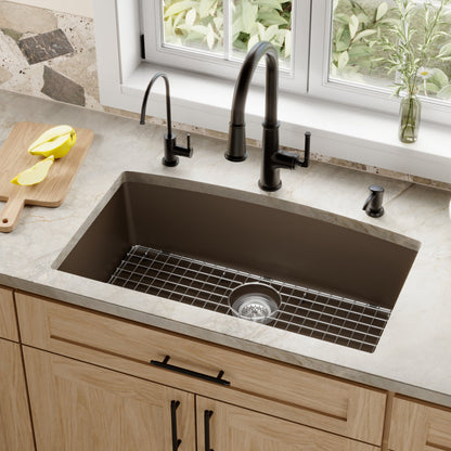 32-1/2" Undermount Large Single Bowl Quartz Composite Kitchen Sink Kit In Brown
