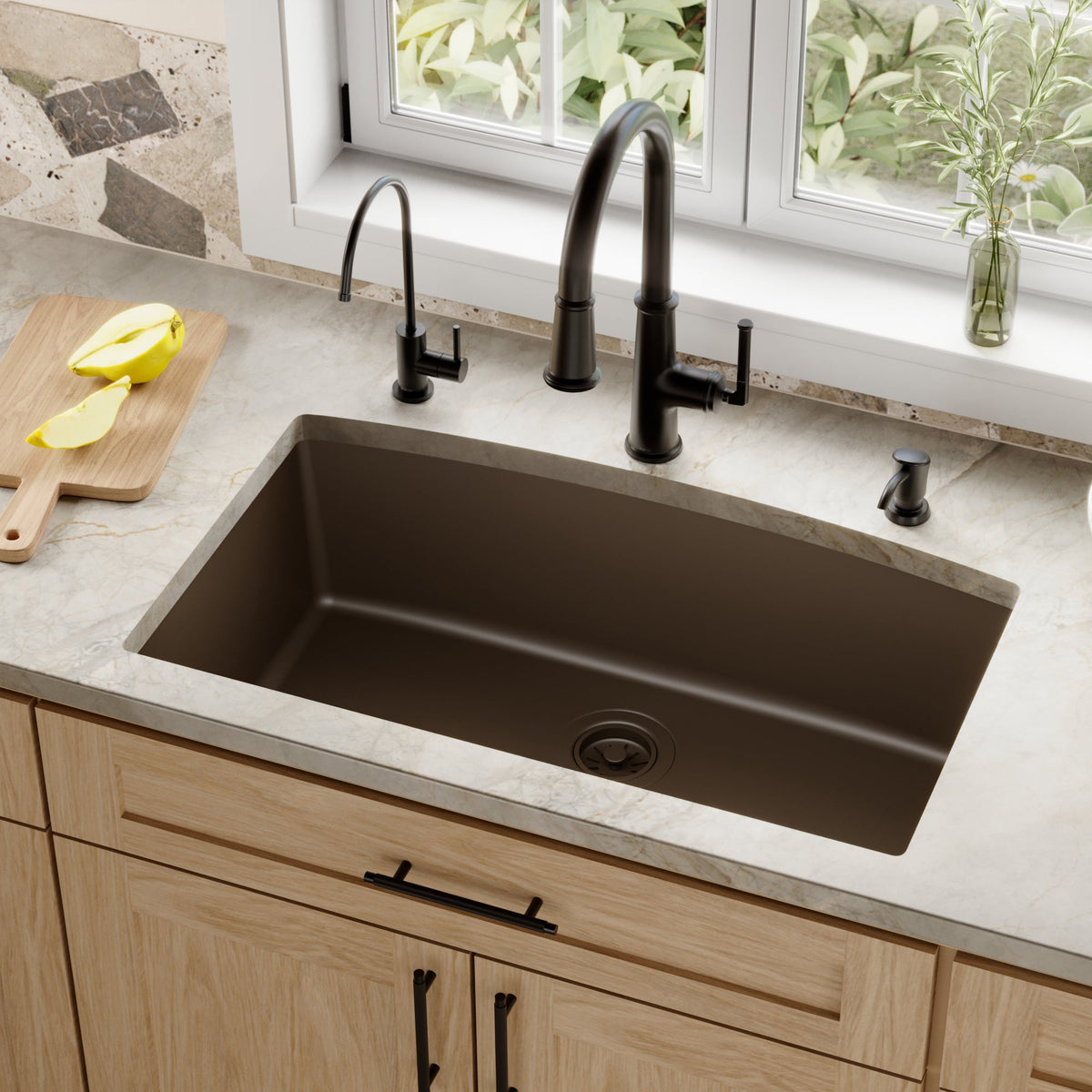 32-1/2" Undermount Large Single Bowl Quartz Composite Kitchen Sink In Brown