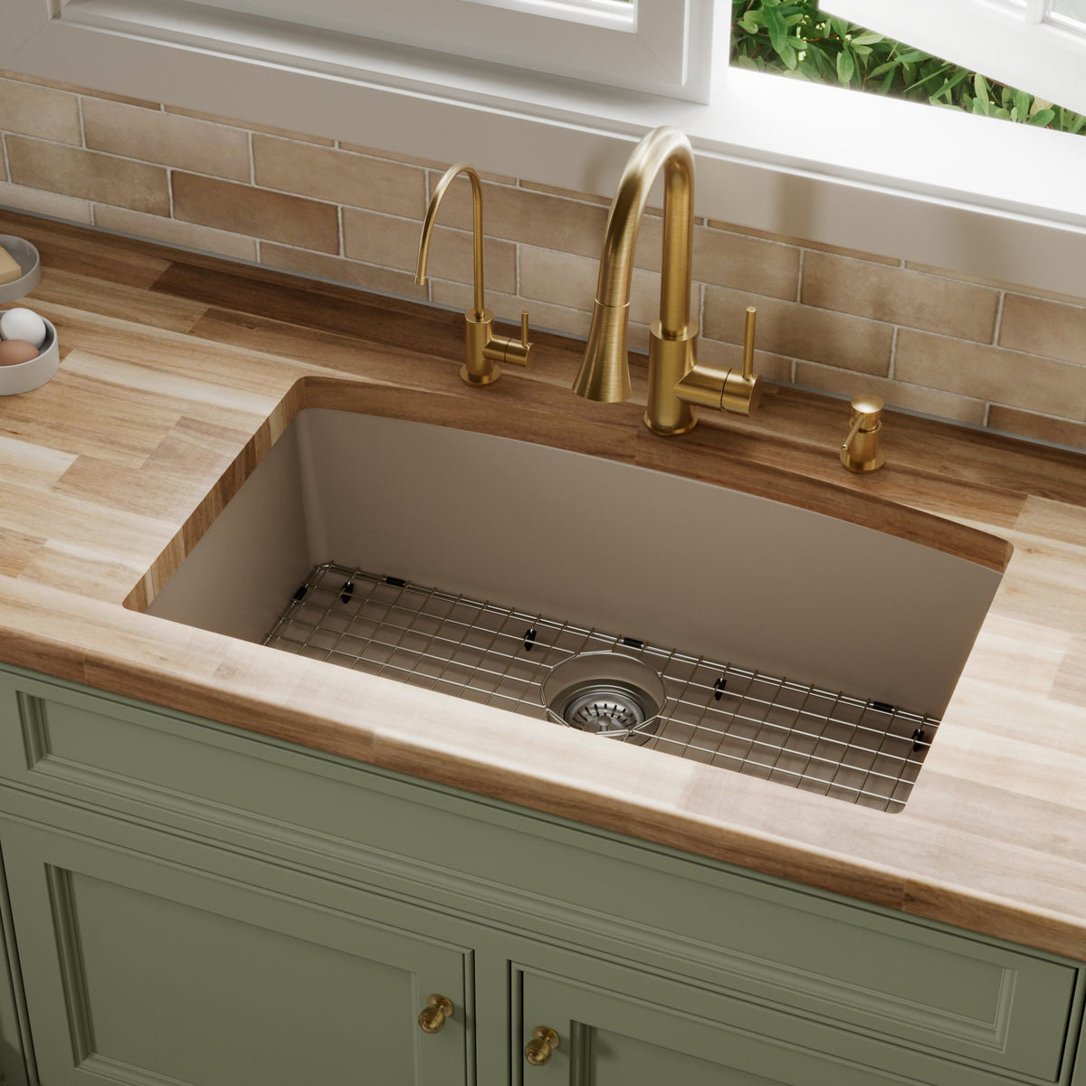 32-1/2" Undermount Large Single Bowl Quartz Composite Kitchen Sink Kit In Concrete