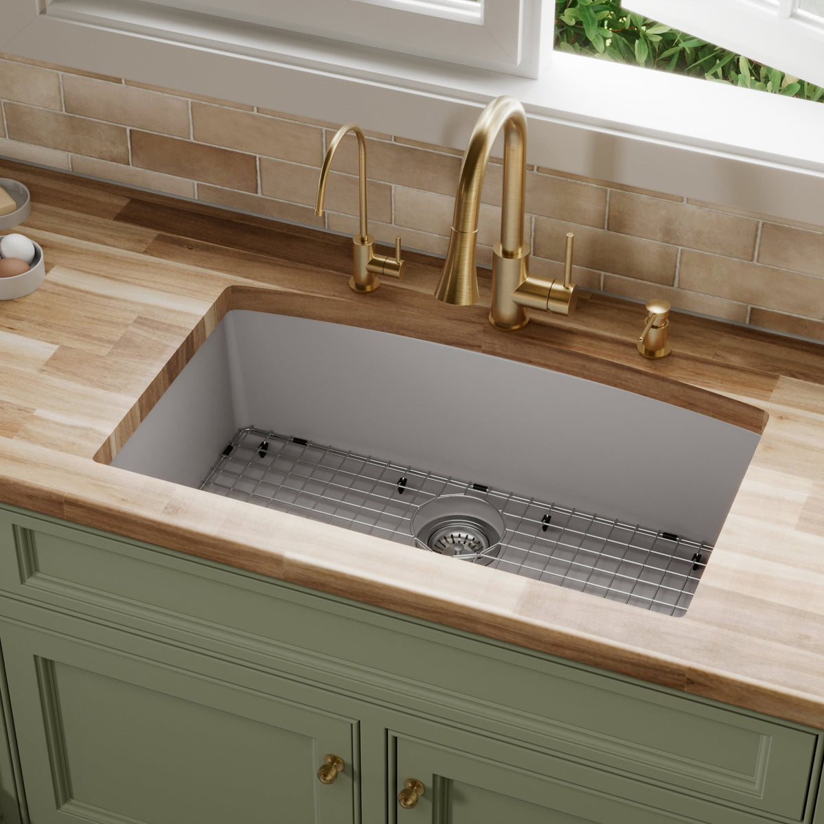 32-1/2" Undermount Large Single Bowl Quartz Composite Kitchen Sink Kit In Grey