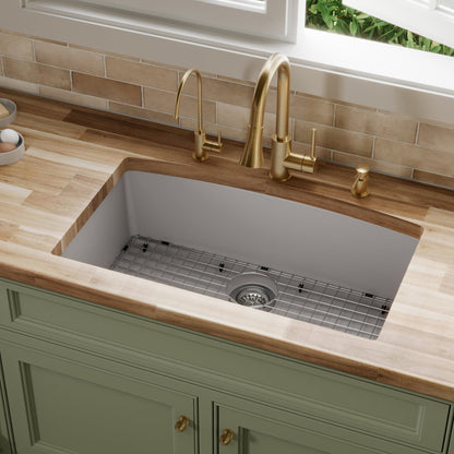 32-1/2" Undermount Large Single Bowl Quartz Composite Kitchen Sink Kit In Grey