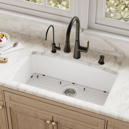 32-1/2" Undermount Large Single Bowl Quartz Composite Kitchen Sink Kit In White