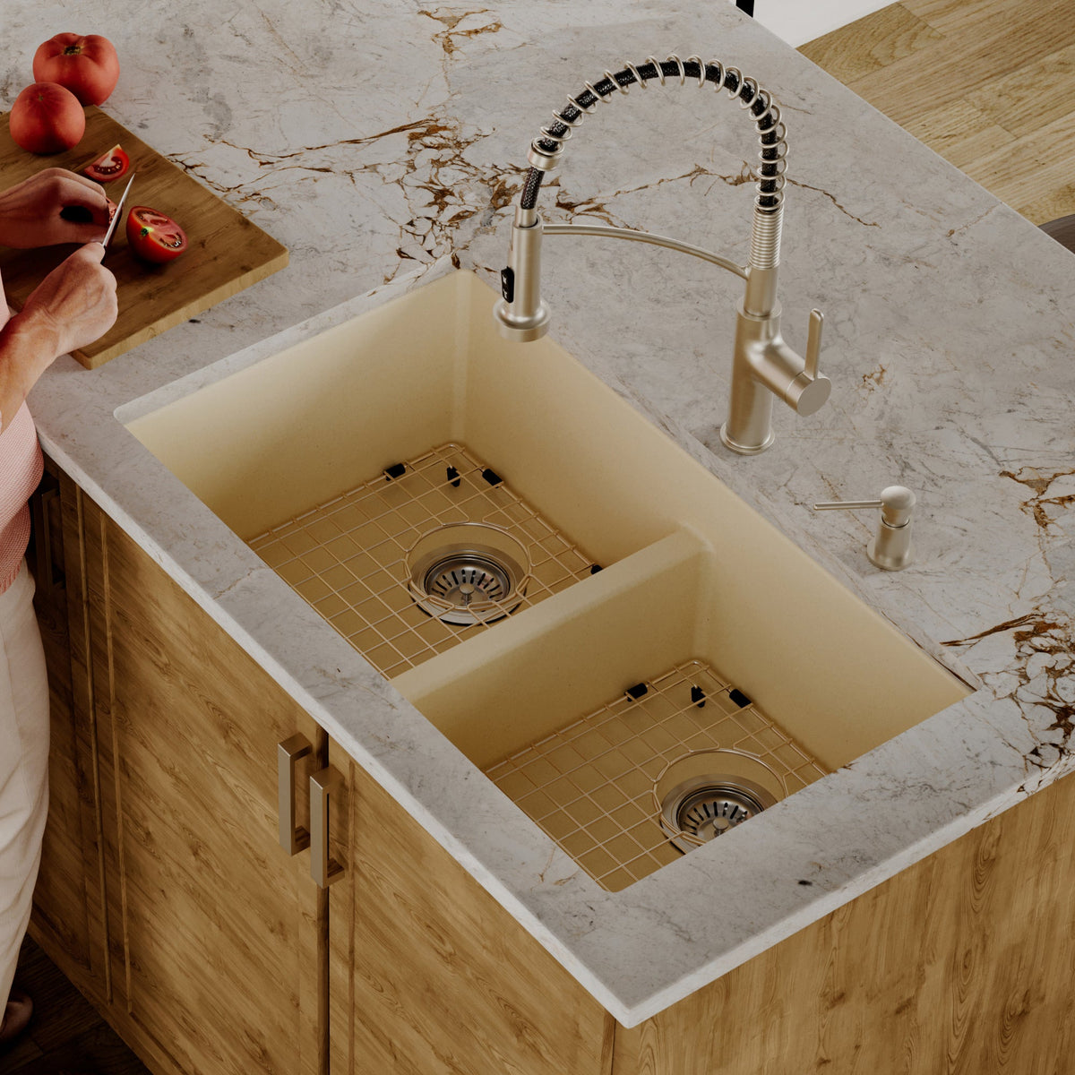 32-3/8" Undermount Double Equal Bowl Quartz Composite Kitchen Sink Kit In Bisque