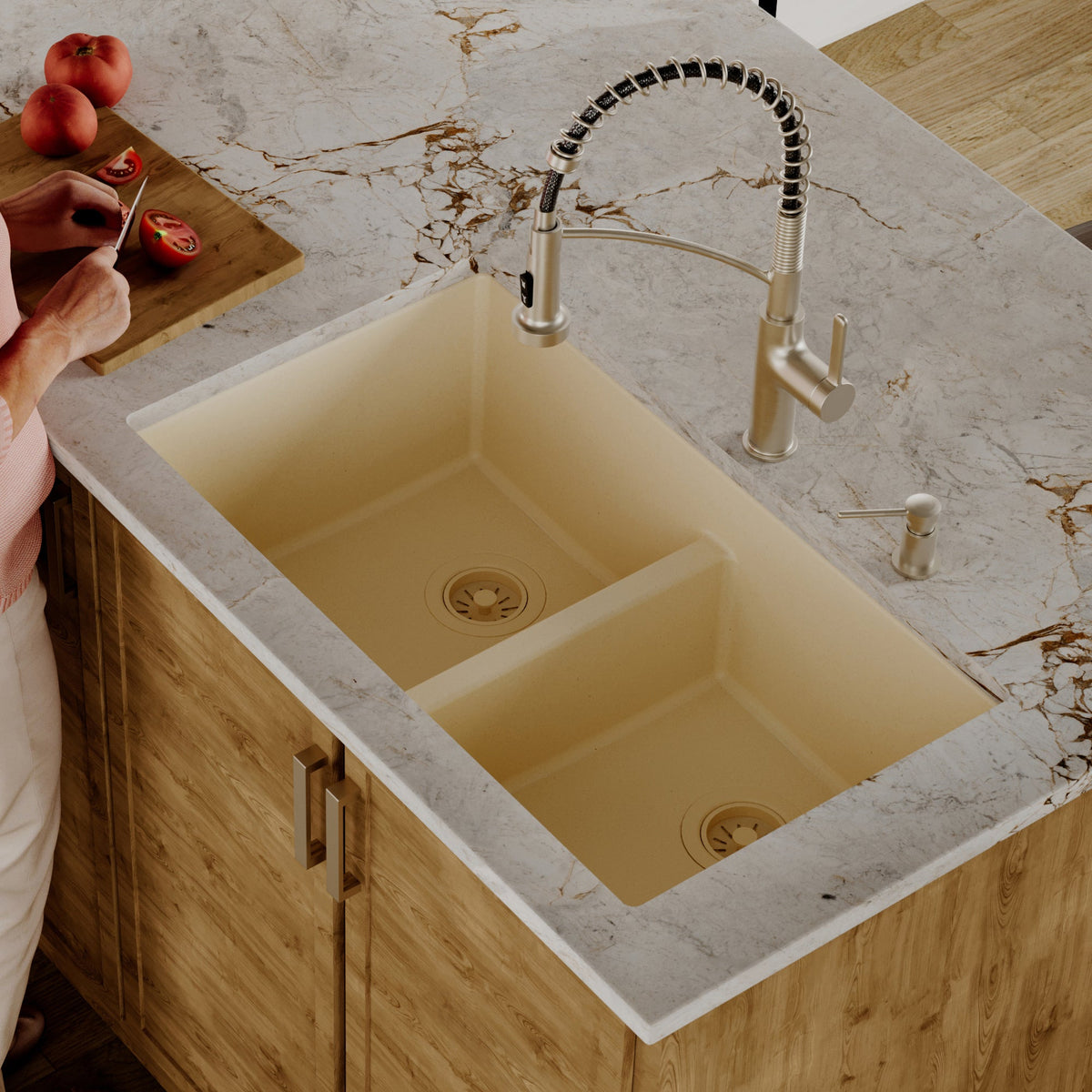 32-3/8" Undermount Double Equal Bowl Quartz Composite Kitchen Sink In Bisque