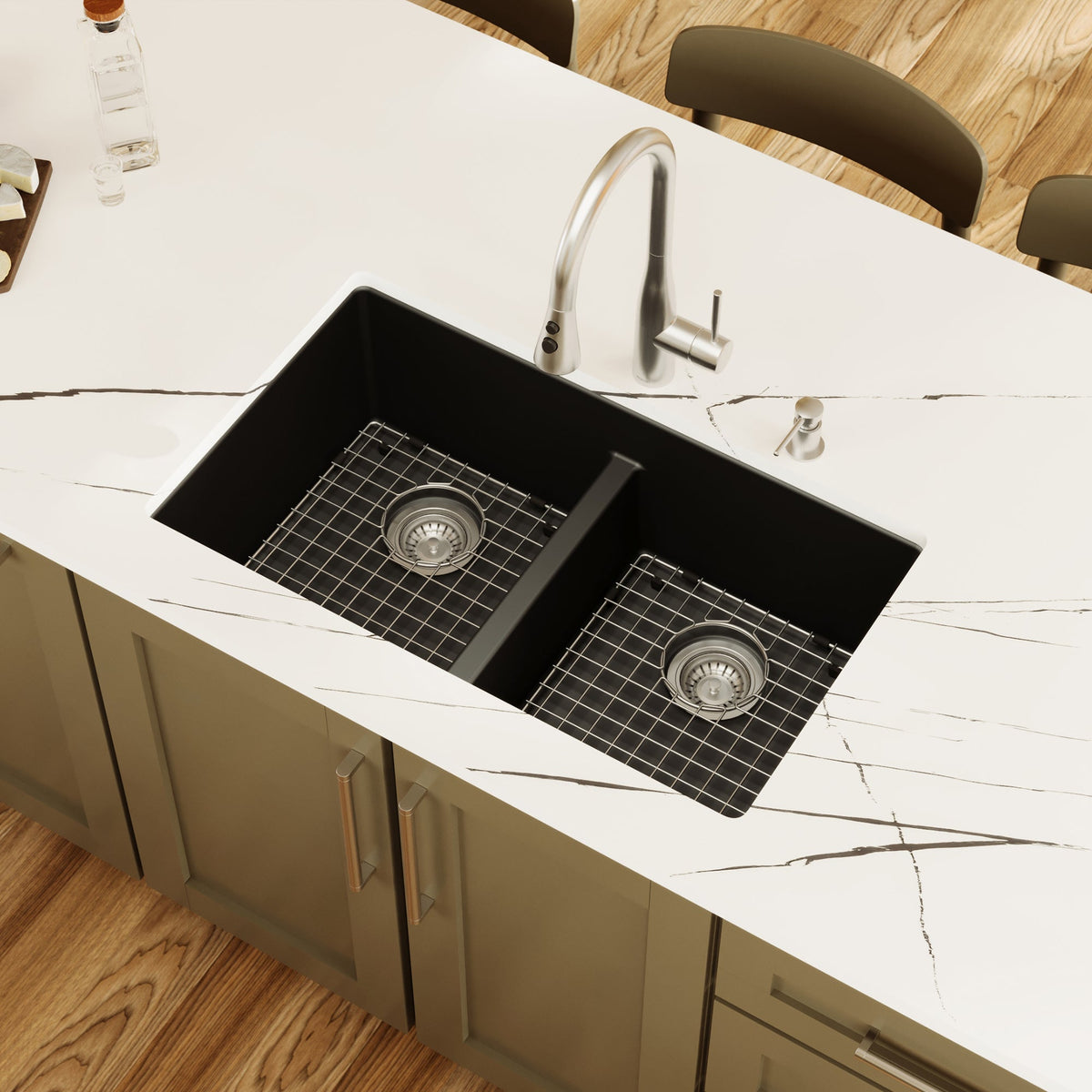 32-3/8" Undermount Double Equal Bowl Quartz Composite Kitchen Sink Kit In Black