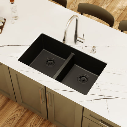 32-3/8" Undermount Double Equal Bowl Quartz Composite Kitchen Sink In Black