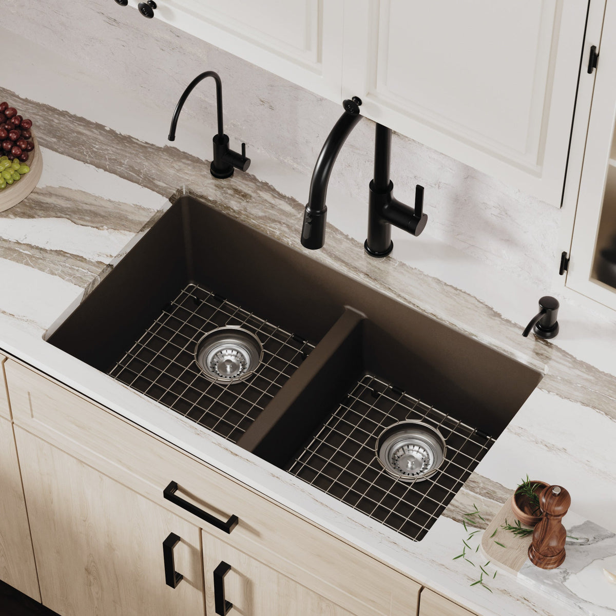 32-3/8" Undermount Double Equal Bowl Quartz Composite Kitchen Sink Kit In Brown