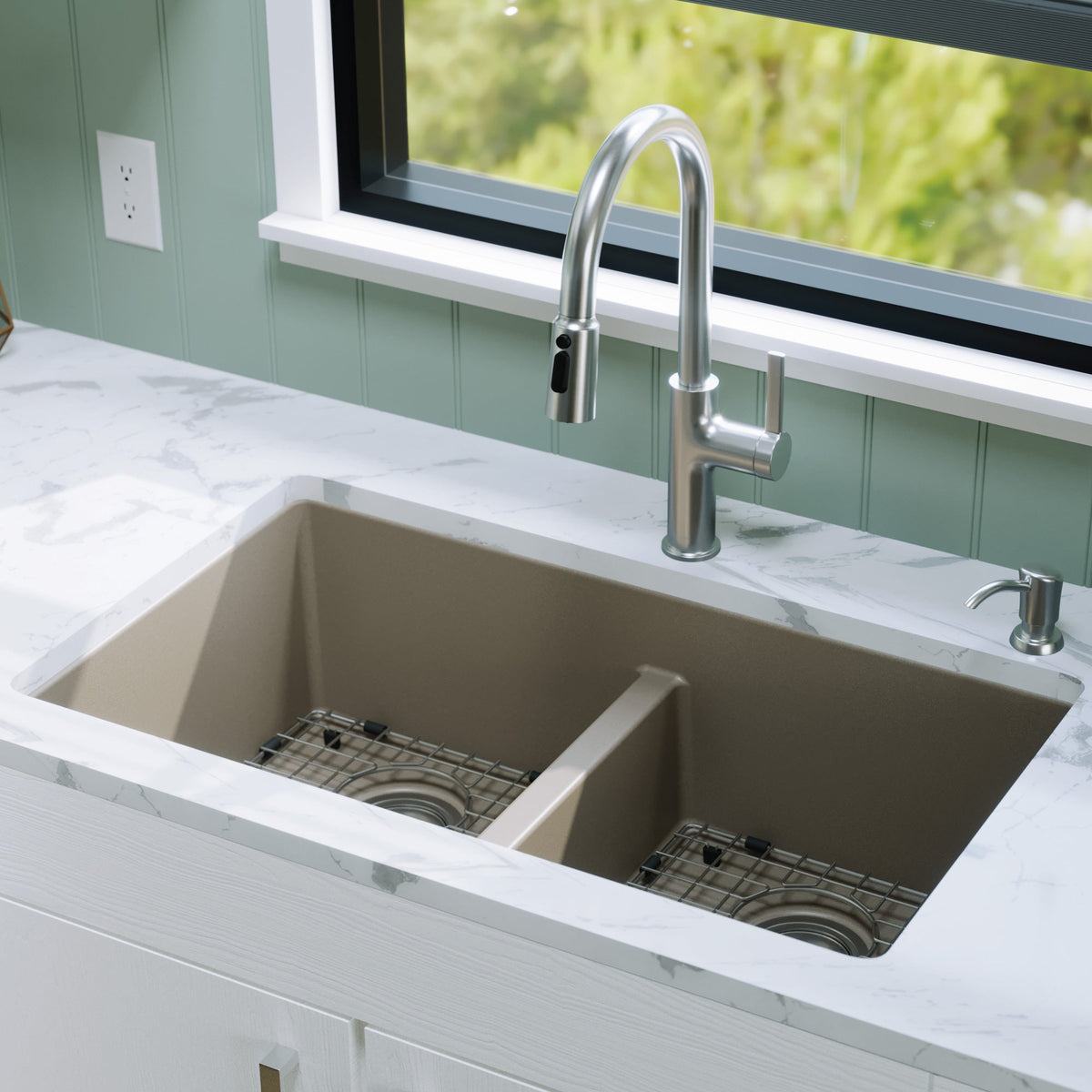 32-3/8" Undermount Double Equal Bowl Quartz Composite Kitchen Sink Kit In Concrete