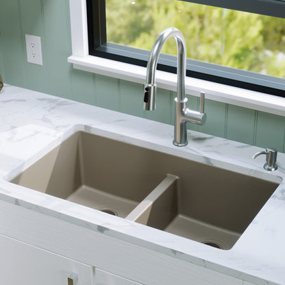 32-3/8" Undermount Double Equal Bowl Quartz Composite Kitchen Sink In Concrete