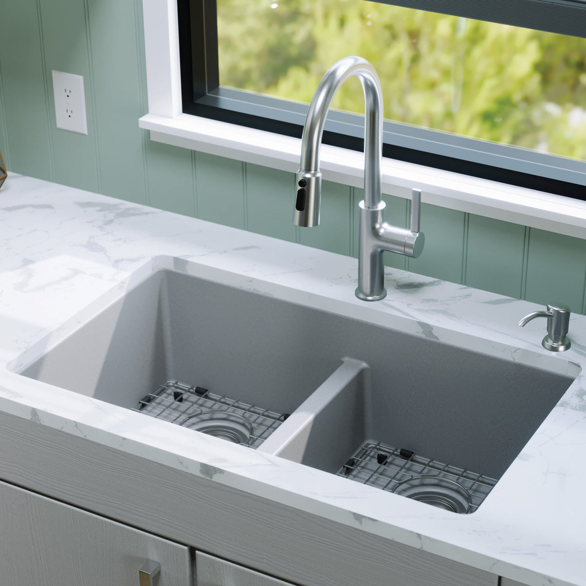 32-3/8" Undermount Double Equal Bowl Quartz Composite Kitchen Sink Kit In Grey