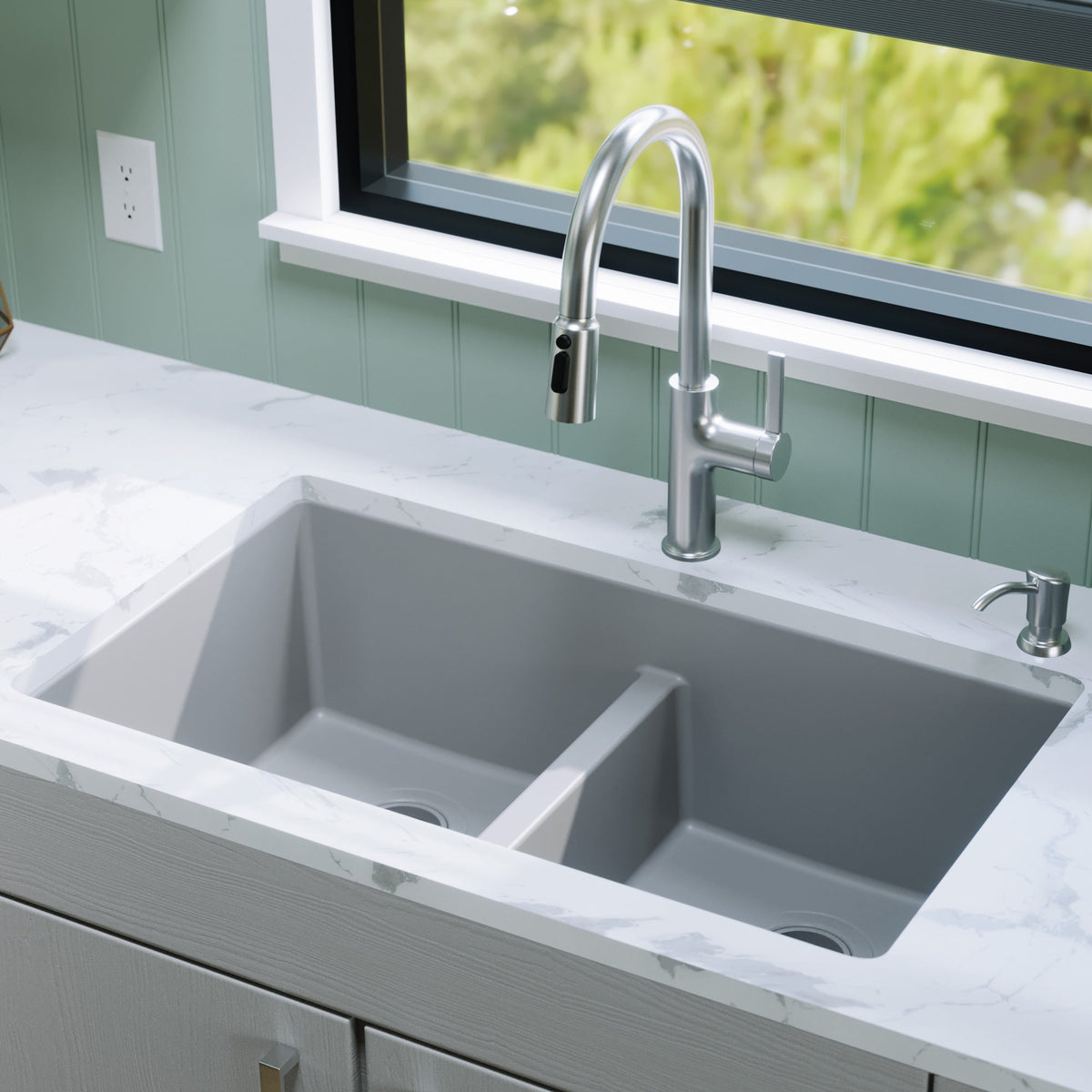 32-3/8" Undermount Double Equal Bowl Quartz Composite Kitchen Sink In Grey