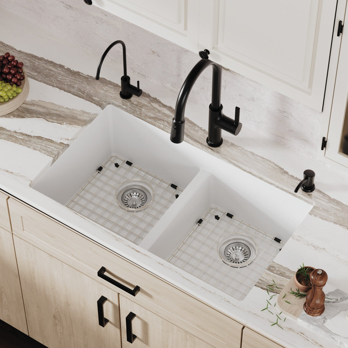 32-3/8" Undermount Double Equal Bowl Quartz Composite Kitchen Sink Kit In White
