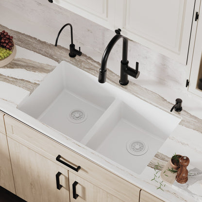 32-3/8" Undermount Double Equal Bowl Quartz Composite Kitchen Sink In White