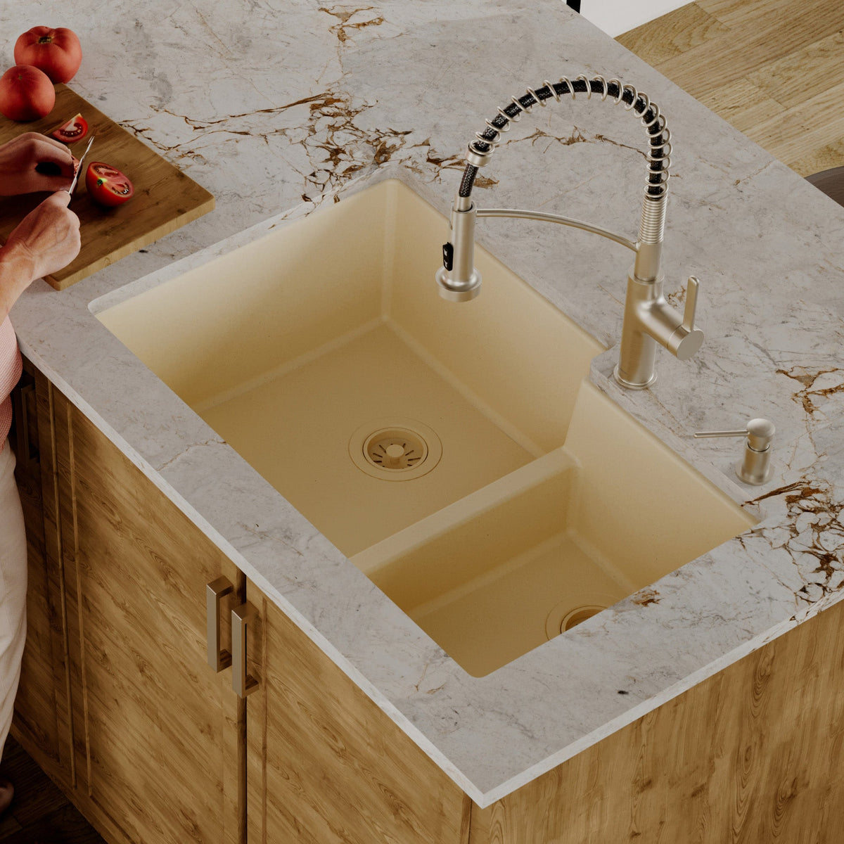 32-1/4" Undermount Double Offset Bowl Quartz Composite Kitchen Sink In Bisque
