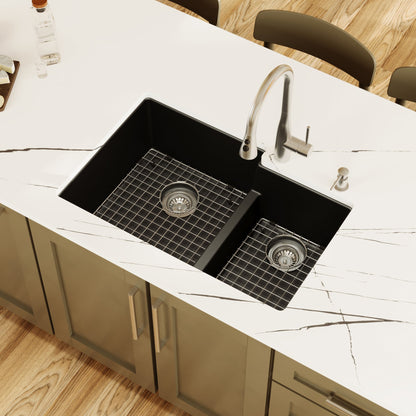 32" Undermount Double Offset Bowl Quartz Composite Kitchen Sink Kit In Black