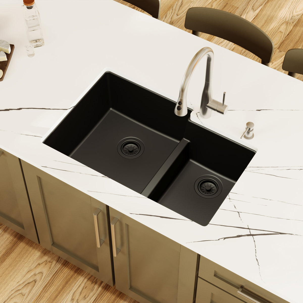 32-1/4" Undermount Double Offset Bowl Quartz Composite Kitchen Sink In Black