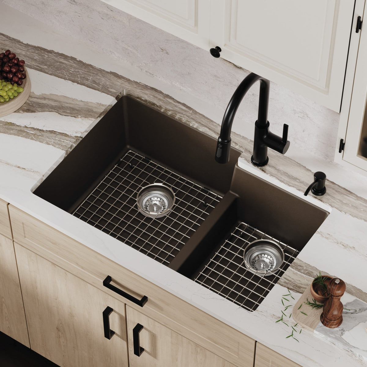 32" Undermount Double Offset Bowl Quartz Composite Kitchen Sink Kit In Brown