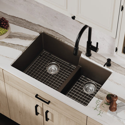32" Undermount Double Offset Bowl Quartz Composite Kitchen Sink Kit In Brown