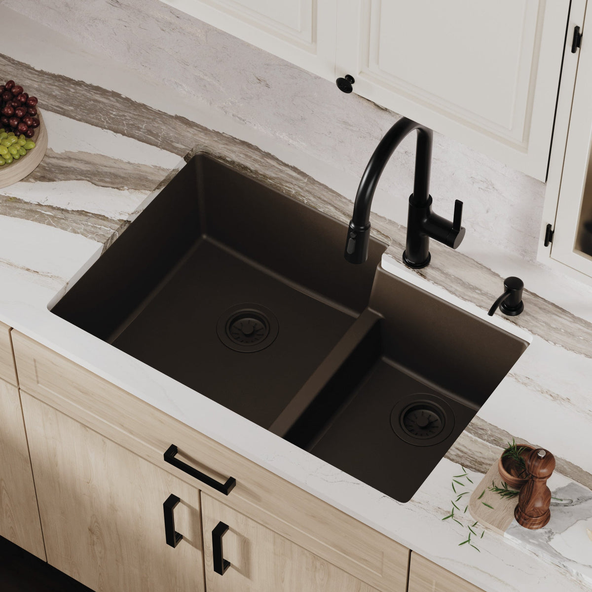 32-1/4" Undermount Double Offset Bowl Quartz Composite Kitchen Sink In Brown