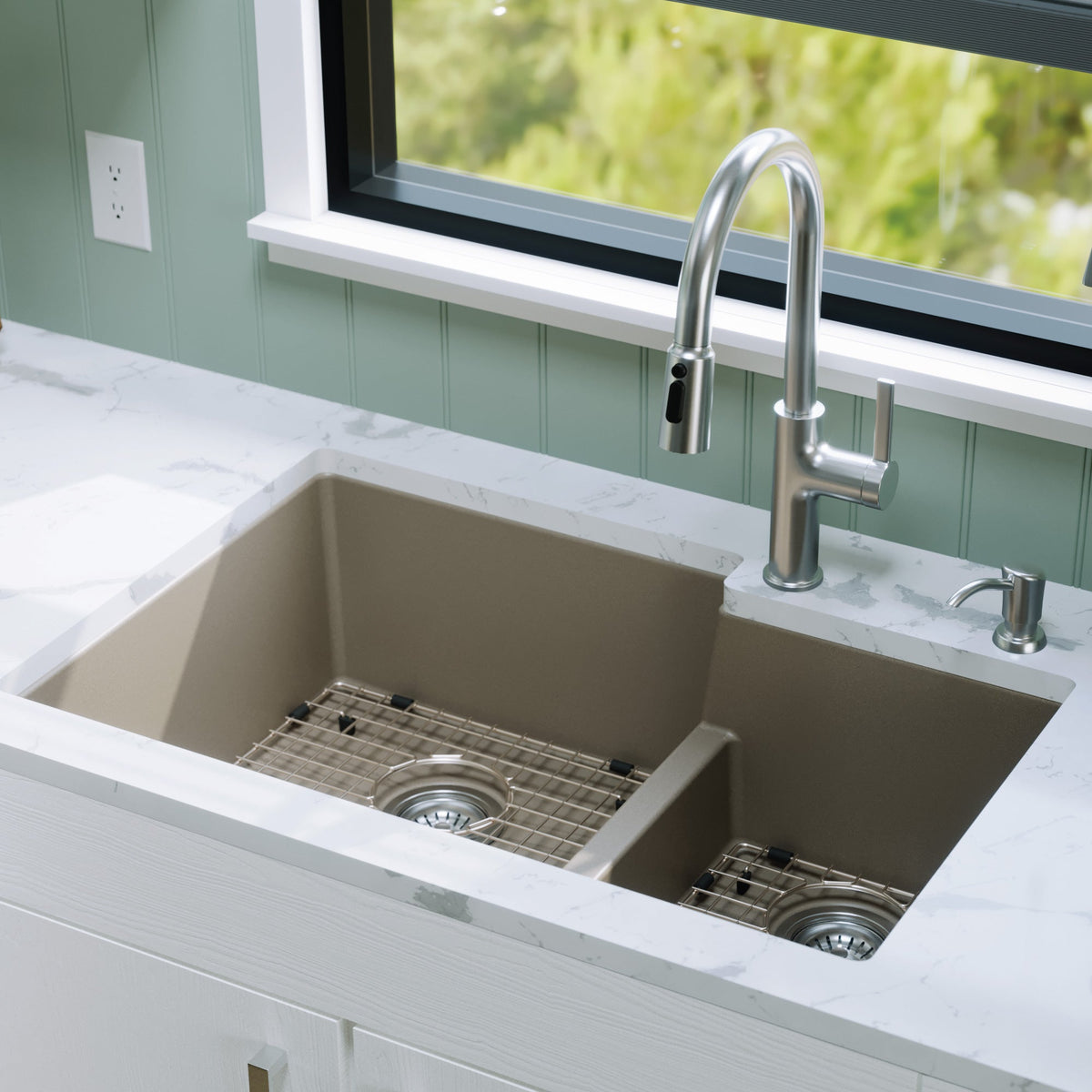 32" Undermount Double Offset Bowl Quartz Composite Kitchen Sink Kit In Concrete