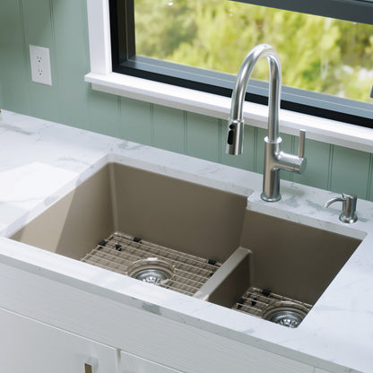 32" Undermount Double Offset Bowl Quartz Composite Kitchen Sink Kit In Concrete