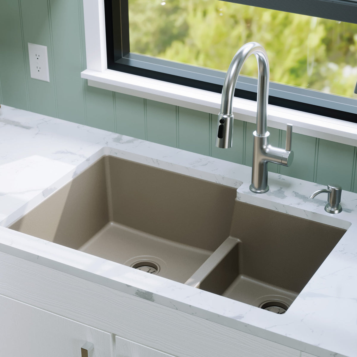 32-1/4" Undermount Double Offset Bowl Quartz Composite Kitchen Sink In Concrete