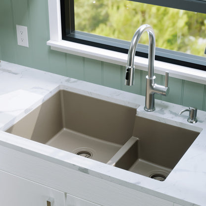 32-1/4" Undermount Double Offset Bowl Quartz Composite Kitchen Sink In Concrete