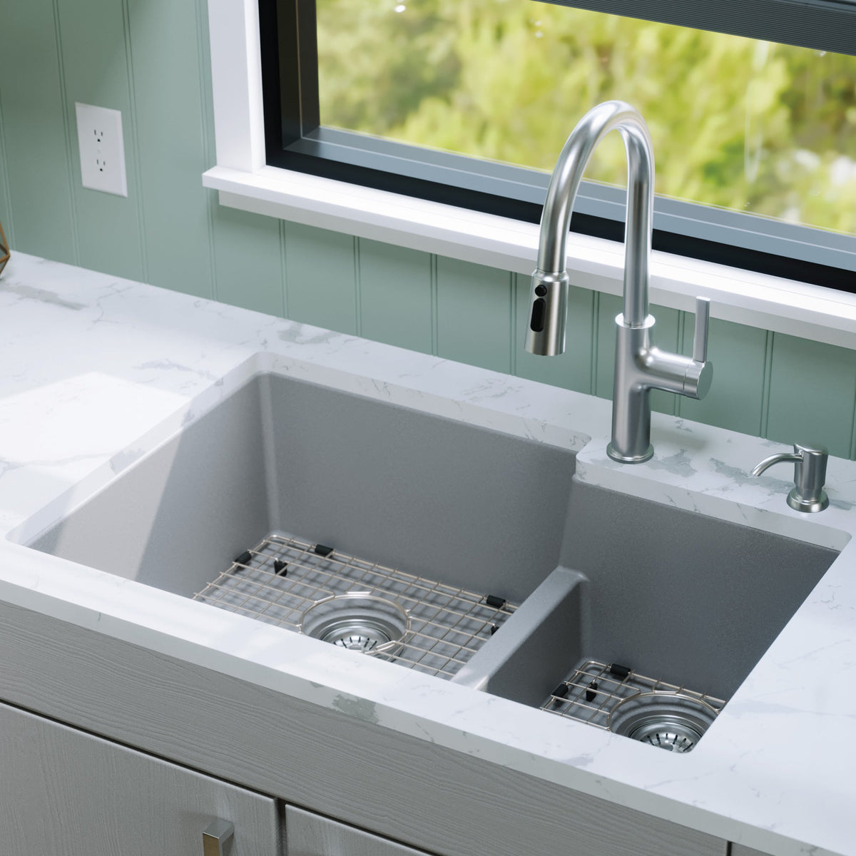 32" Undermount Double Offset Bowl Quartz Composite Kitchen Sink Kit In Grey