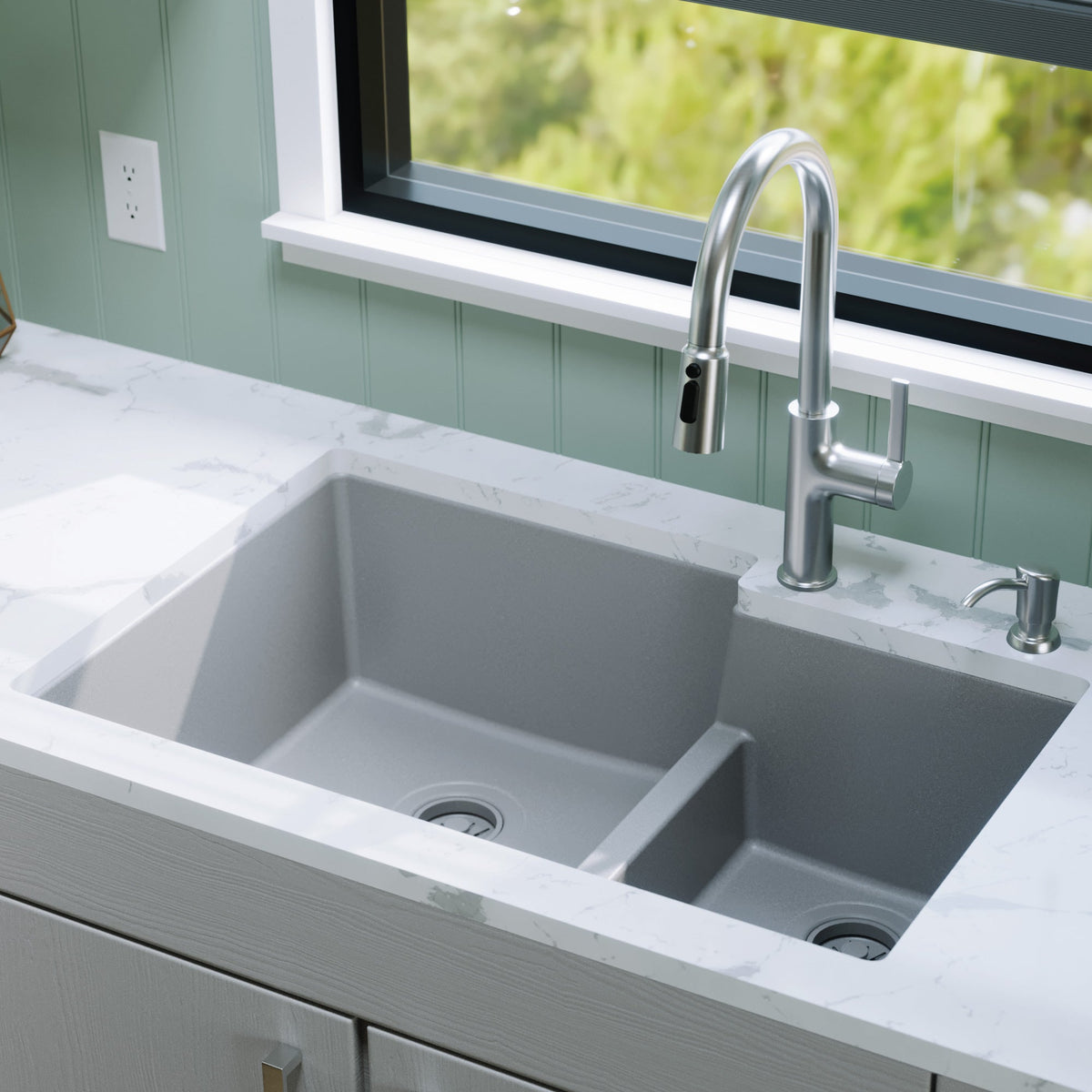 32-1/4" Undermount Double Offset Bowl Quartz Composite Kitchen Sink In Grey