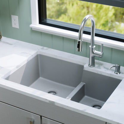 32-1/4" Undermount Double Offset Bowl Quartz Composite Kitchen Sink In Grey