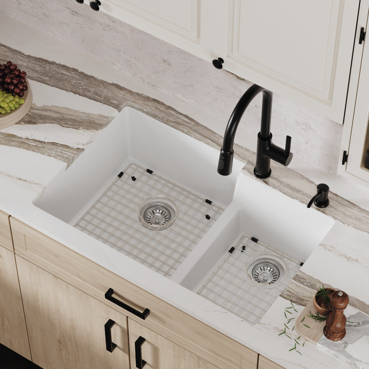 32" Undermount Double Offset Bowl Quartz Composite Kitchen Sink Kit In White