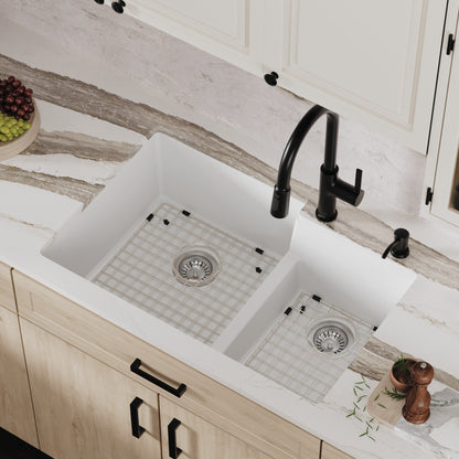 32" Undermount Double Offset Bowl Quartz Composite Kitchen Sink Kit In White