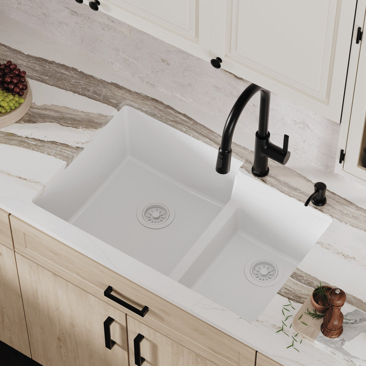 32-1/4" Undermount Double Offset Bowl Quartz Composite Kitchen Sink In White