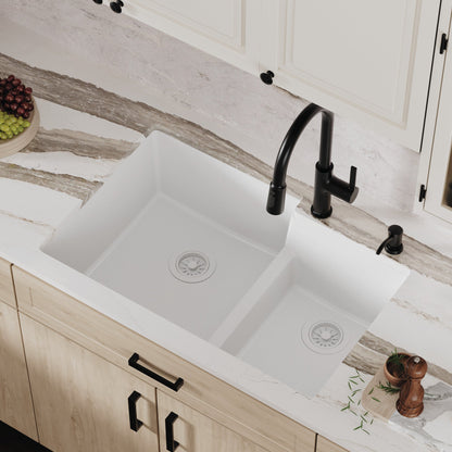 32-1/4" Undermount Double Offset Bowl Quartz Composite Kitchen Sink In White
