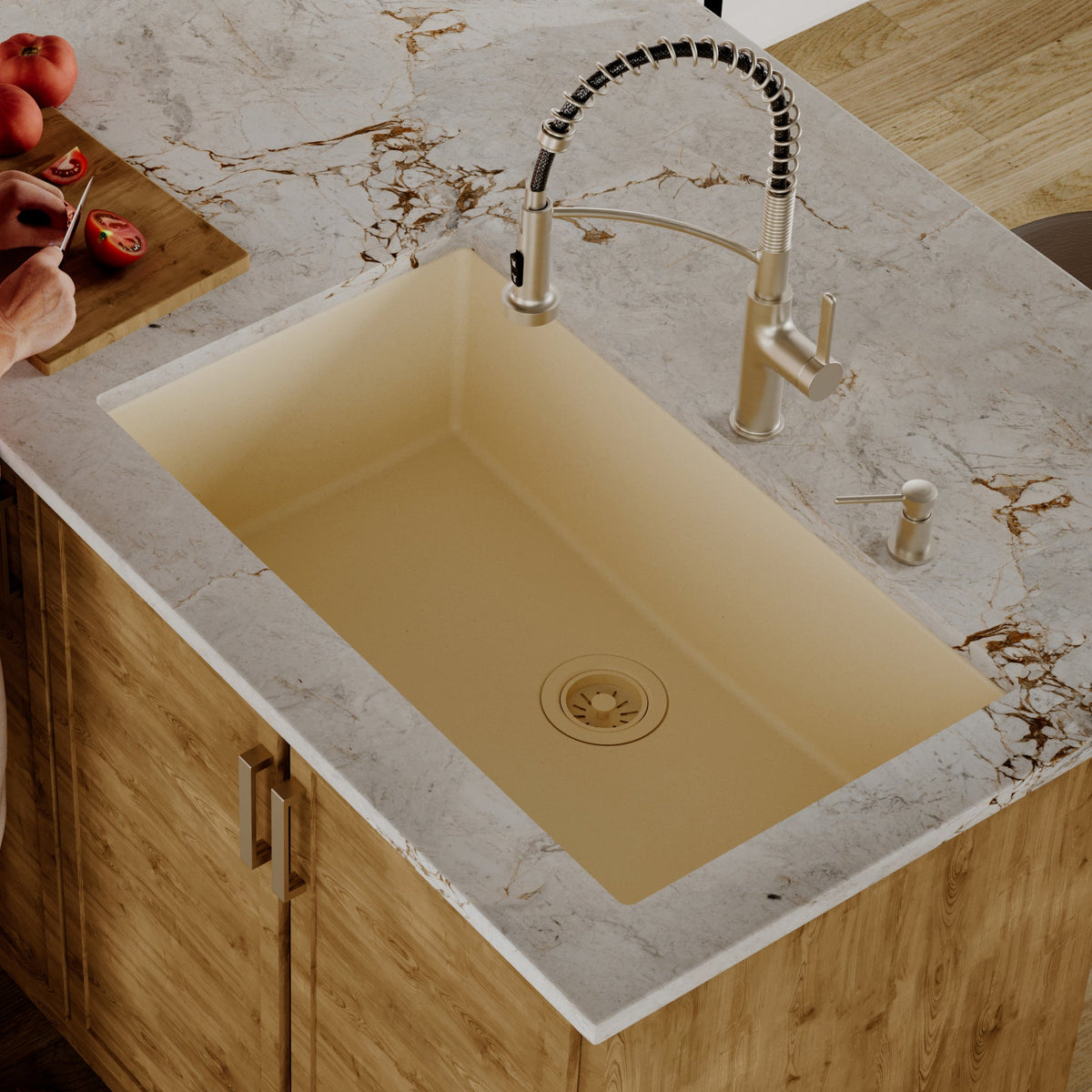32-3/8" Undermount Large Single Bowl Quartz Composite Kitchen Sink In Bisque