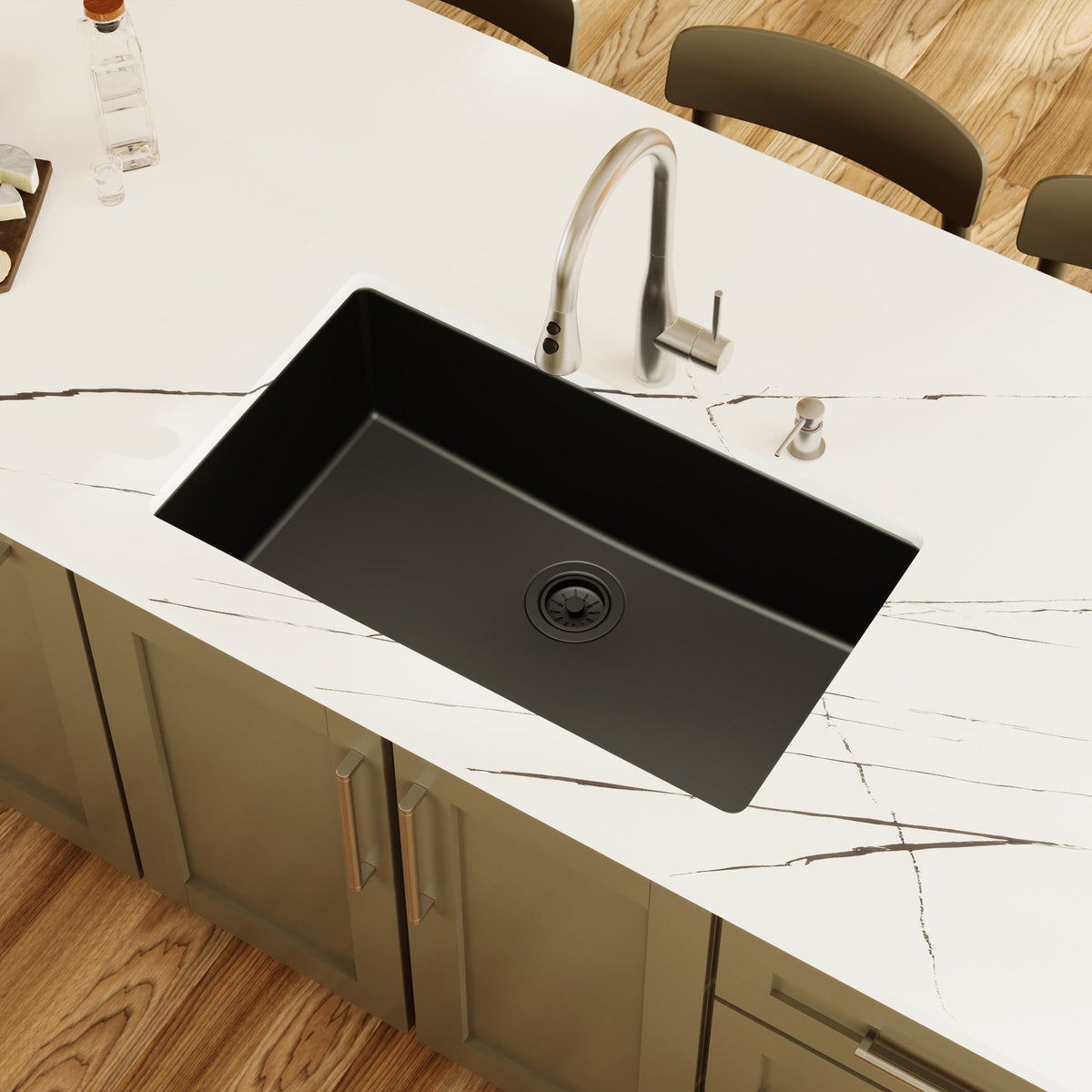 32-3/8" Undermount Large Single Bowl Quartz Composite Kitchen Sink In Black