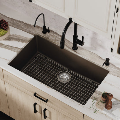 32-3/8" Undermount Large Single Bowl Quartz Composite Kitchen Sink Kit In Brown
