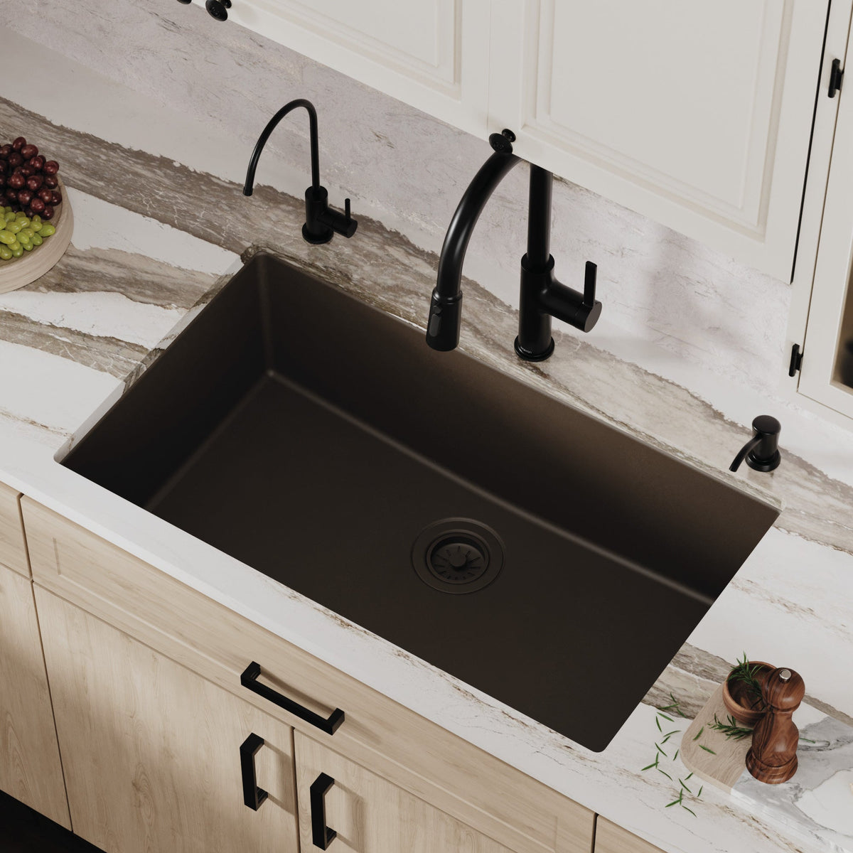 32-3/8" Undermount Large Single Bowl Quartz Composite Kitchen Sink In Brown