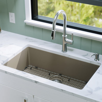 32-3/8" Undermount Large Single Bowl Quartz Composite Kitchen Sink Kit In Concrete