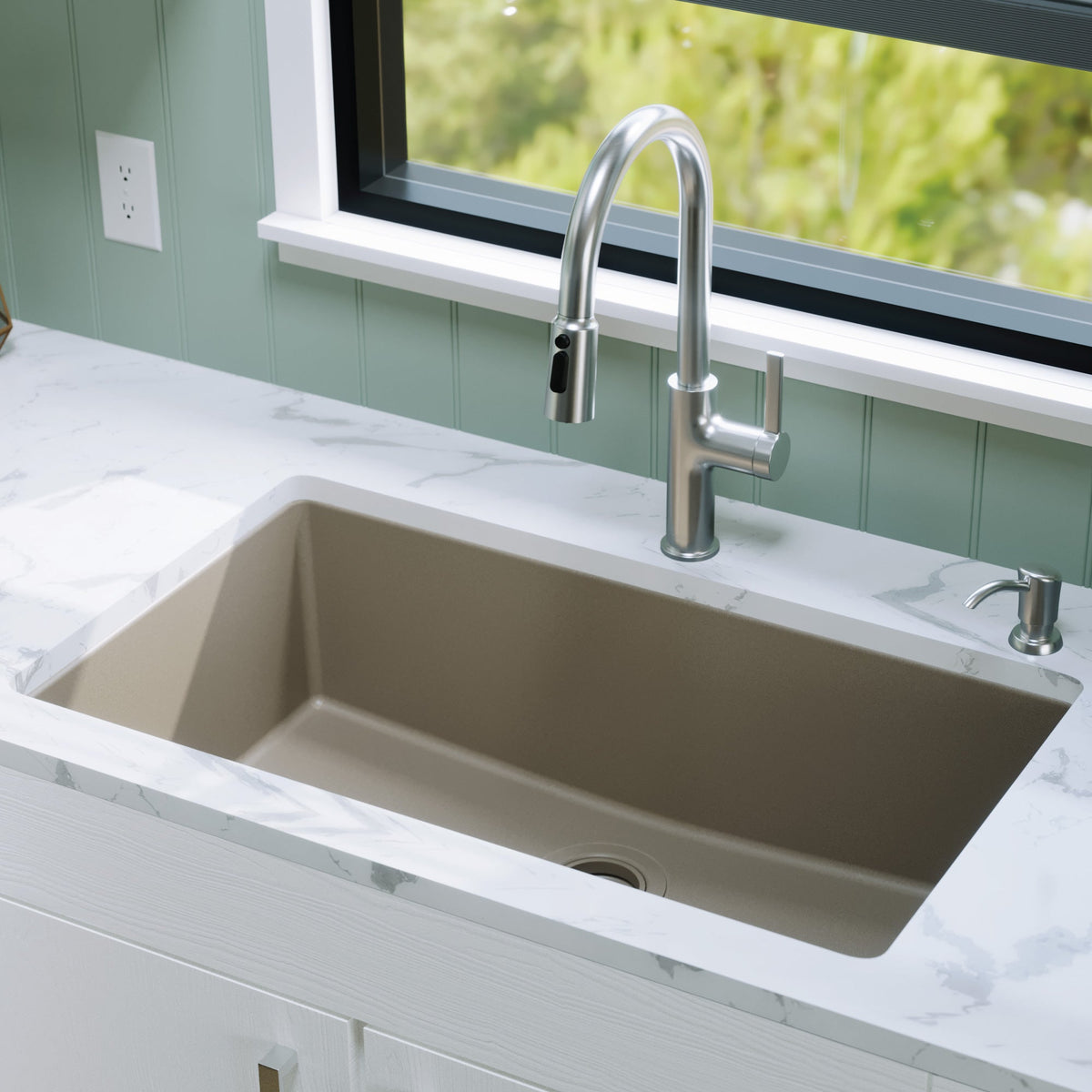 32-3/8" Undermount Large Single Bowl Quartz Composite Kitchen Sink In Concrete
