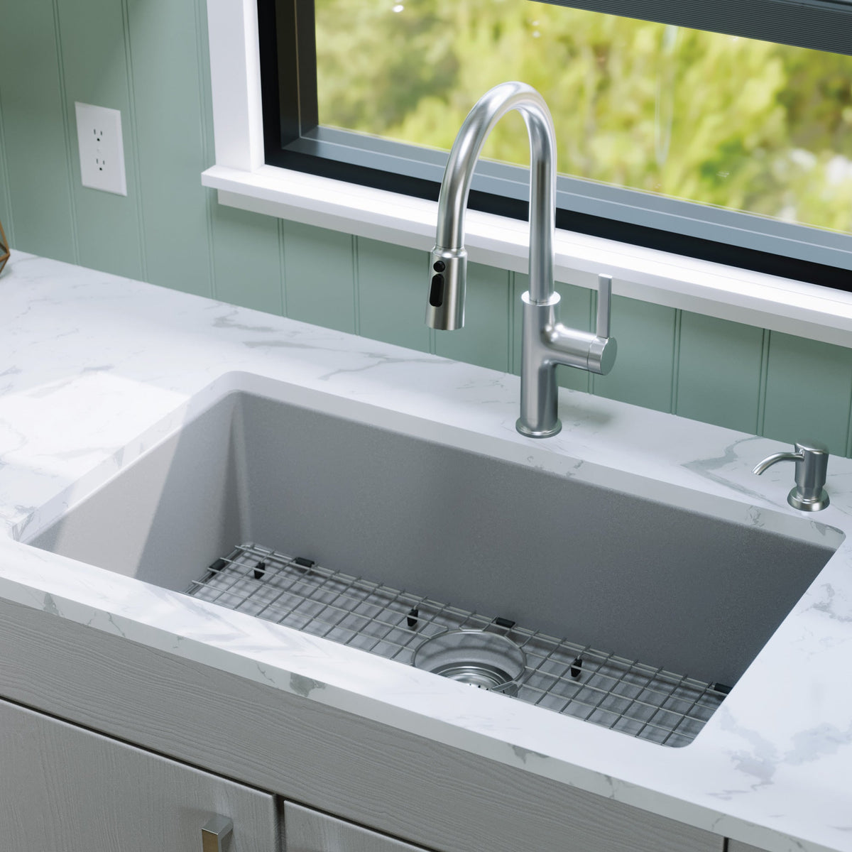 32-3/8" Undermount Large Single Bowl Quartz Composite Kitchen Sink Kit In Grey
