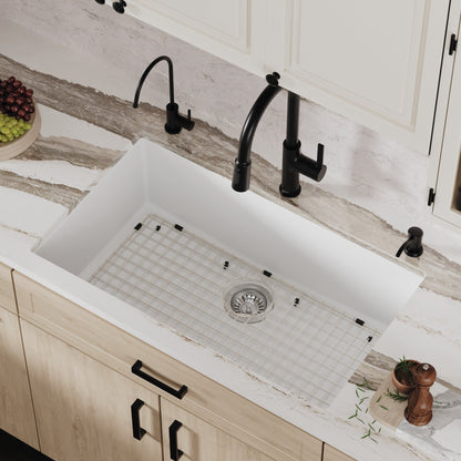 32-3/8" Undermount Large Single Bowl Quartz Composite Kitchen Sink Kit In White