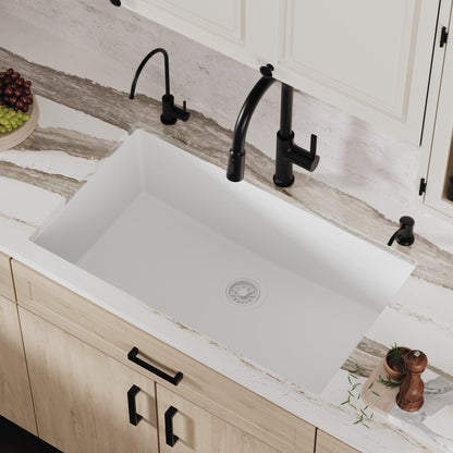 32-3/8" Undermount Large Single Bowl Quartz Composite Kitchen Sink In White
