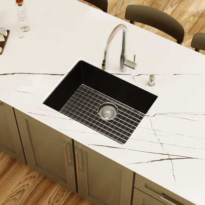 24-3/8" Undermount Single Bowl Quartz Composite Kitchen Sink Kit In Black